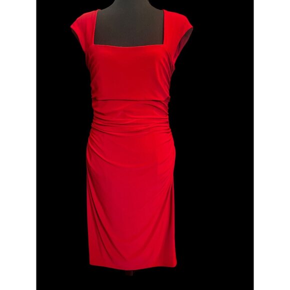 Lauren Ralph Lauren Dresses & Skirts - Lauren Ralph Lauren Midi Dress Women Red, size 10 Cap Sleeve Ruched Square Neckl